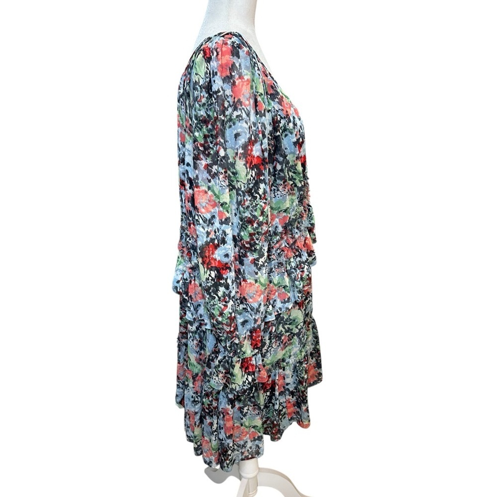 cinq a sept Floral V-Neck Tiered Long-Sleeve Dress in Black, Coral, Green, White - Picture 3 of 9
